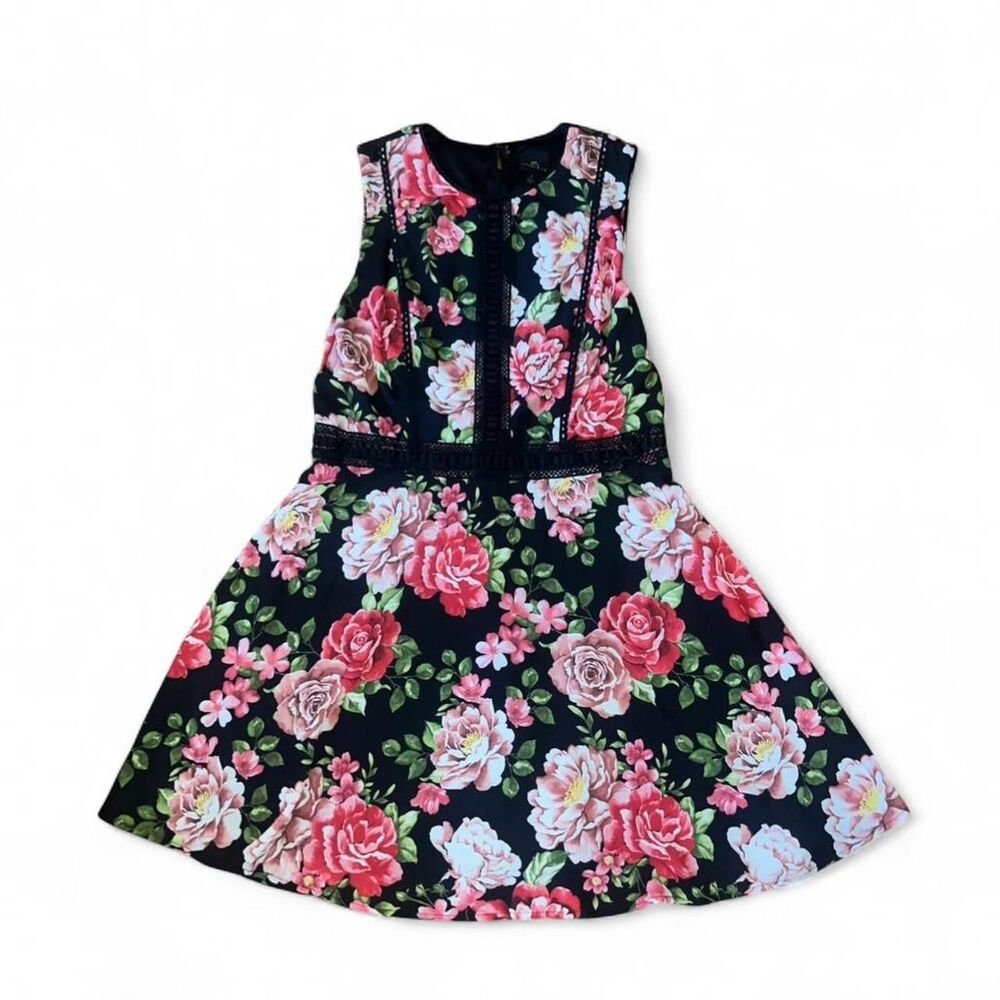 Disney Women's Black and Pink Floral Crochet Lined Dress SZ L